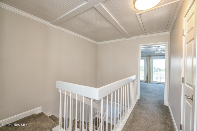 corridor featuring attic access, an upstairs landing, carpet, baseboards, and crown molding