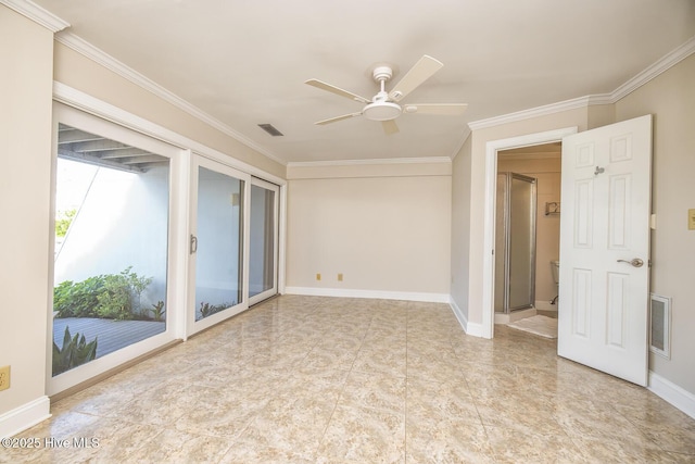 spare room with ornamental molding, a ceiling fan, and baseboards