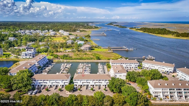 aerial view of a large body of water and a marina