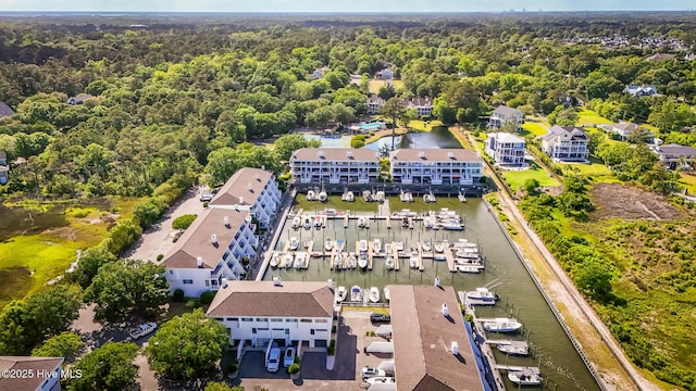 drone / aerial view of a forest and a nearby body of water