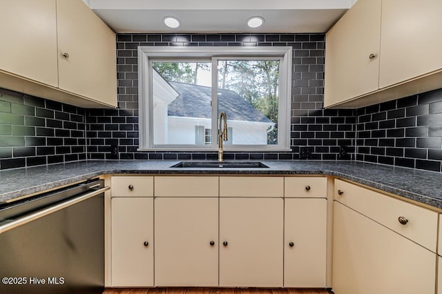 180 Frye Rd, Pinehurst, NC 28374 - kitchen featuring dishwasher, a sink, backsplash, and cream cabinets