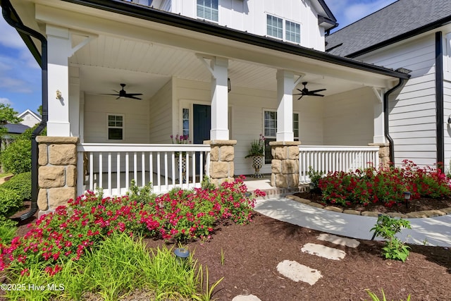5606 Swiss Stone Ct, Wilmington, NC 28412 - doorway to property featuring a porch, a ceiling fan, and board and batten siding