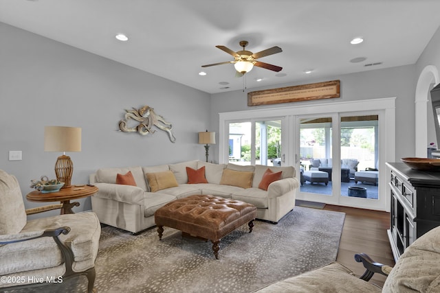 5606 Swiss Stone Ct, Wilmington, NC 28412 - living area featuring a ceiling fan, wood finished floors, recessed lighting, and french doors