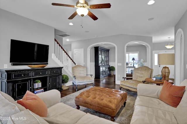 5606 Swiss Stone Ct, Wilmington, NC 28412 - living room with arched walkways, wood finished floors, ceiling fan, stairs, and recessed lighting