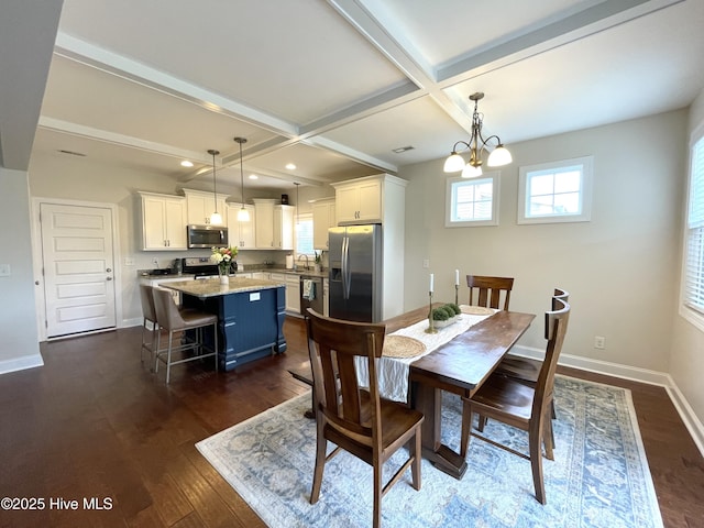 dining space featuring coffered ceiling, dark wood finished floors, beamed ceiling, baseboards, and recessed lighting