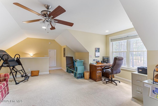 1 Eliot Ct, Jackson Springs, NC 27281 - home office with light colored carpet, a ceiling fan, baseboards, and lofted ceiling