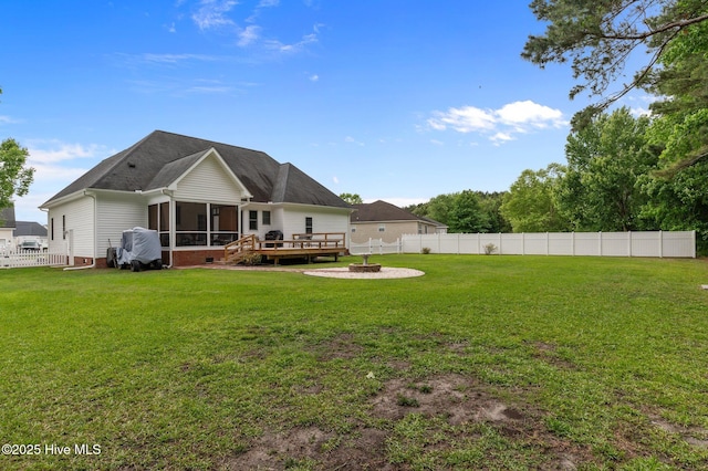 171 Adams Ln, Washington, NC 27889 - rear view of property featuring a sunroom, a fire pit, a deck, and crawl space