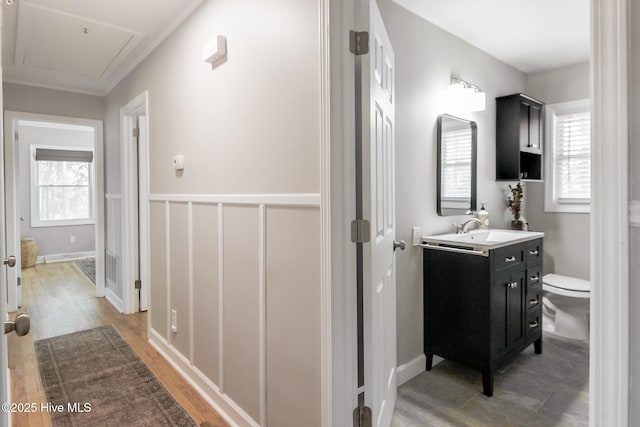 229 Rays Bridge Rd, Whispering Pines, NC 28327 - bathroom featuring plenty of natural light, toilet, wood finished floors, and vanity