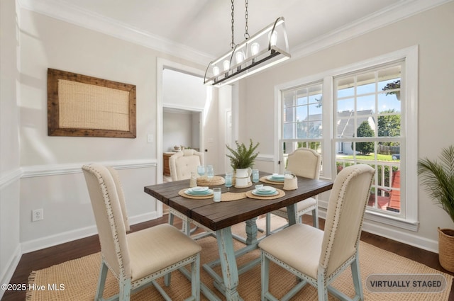 870 Wine Cellar Cir, Wilmington, NC 28411 - dining area with dark wood-style flooring, ornamental molding, and baseboards