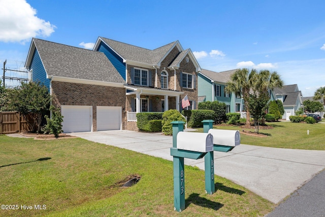 870 Wine Cellar Cir, Wilmington, NC 28411 - traditional home with brick siding, concrete driveway, roof with shingles, a garage, and a porch
