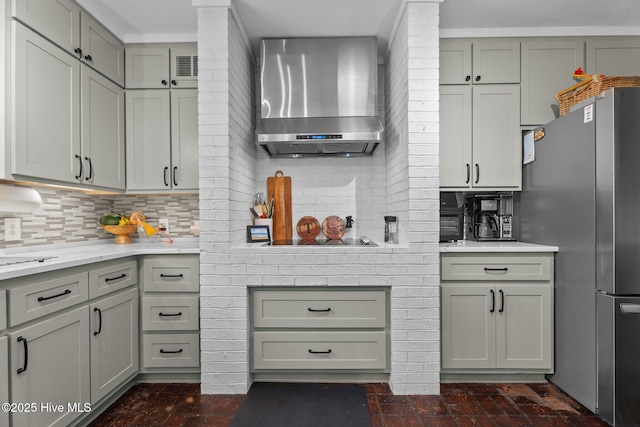 224 Westview Park Dr, Rocky Mount, NC 27804 - kitchen featuring wall chimney range hood, freestanding refrigerator, gray cabinets, and light countertops