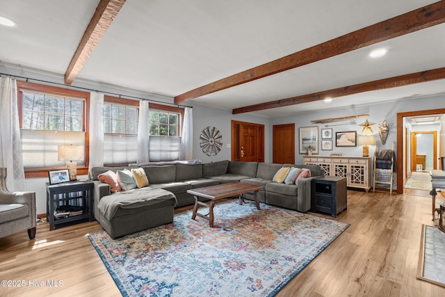 224 Westview Park Dr, Rocky Mount, NC 27804 - living area with plenty of natural light, beamed ceiling, light wood-style floors, and recessed lighting
