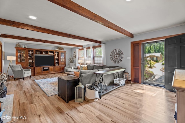 224 Westview Park Dr, Rocky Mount, NC 27804 - living room featuring beamed ceiling, healthy amount of natural light, wood finished floors, and recessed lighting