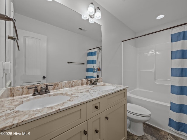 full bath featuring toilet, double vanity, and shower / bathtub combination with curtain