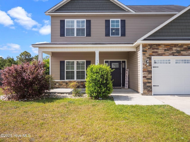 craftsman inspired home with stone siding, a porch, and a front yard