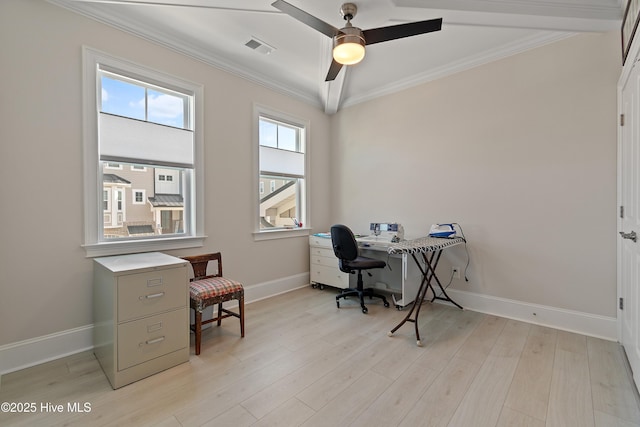 home office featuring crown molding, light wood-style floors, baseboards, and ceiling fan