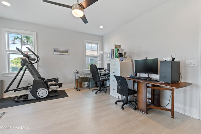 home office with ceiling fan, light wood finished floors, baseboards, and recessed lighting