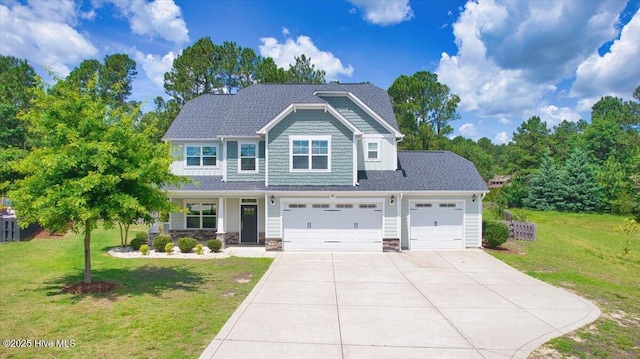 107 Meadowview Pl, Whispering Pines, NC 28327 - craftsman-style home featuring driveway, a front lawn, an attached garage, and stone siding