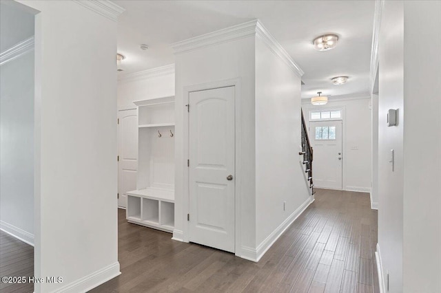 107 Meadowview Pl, Whispering Pines, NC 28327 - hall with ornamental molding, wood finished floors, and stairs