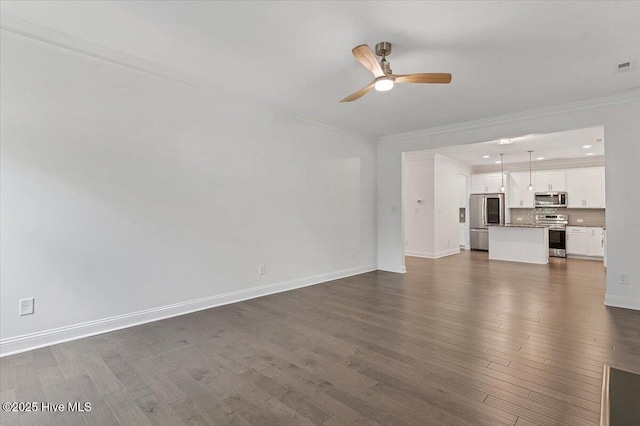 107 Meadowview Pl, Whispering Pines, NC 28327 - unfurnished living room featuring crown molding, dark wood-style floors, ceiling fan, and recessed lighting