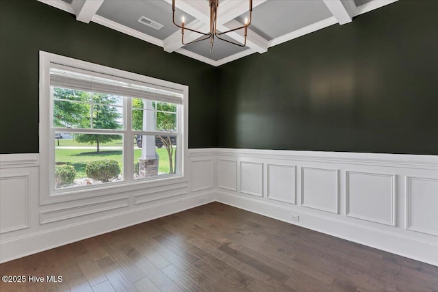 107 Meadowview Pl, Whispering Pines, NC 28327 - unfurnished room with beamed ceiling, coffered ceiling, a chandelier, a wainscoted wall, and dark wood-style floors