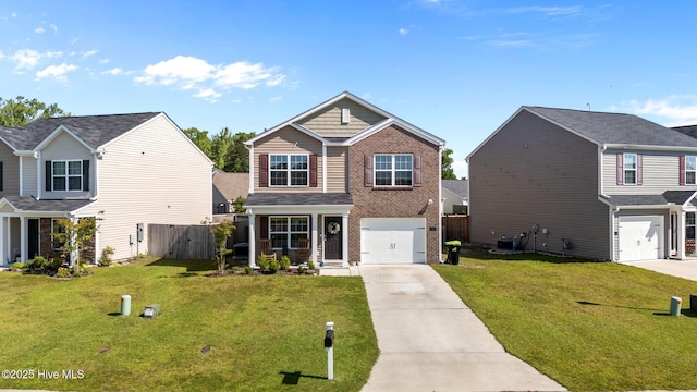 traditional home with driveway, brick siding, an attached garage, and central air condition unit