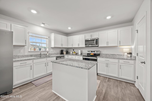 kitchen with appliances with stainless steel finishes, a sink, white cabinets, a center island, and recessed lighting