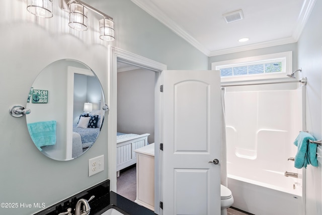 ensuite bathroom with crown molding, shower / bath combination, toilet, and a sink