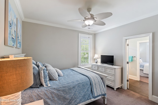 carpeted bedroom with crown molding, ceiling fan, and baseboards