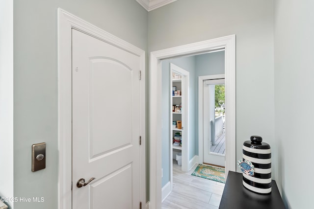 entryway with baseboards and ornamental molding
