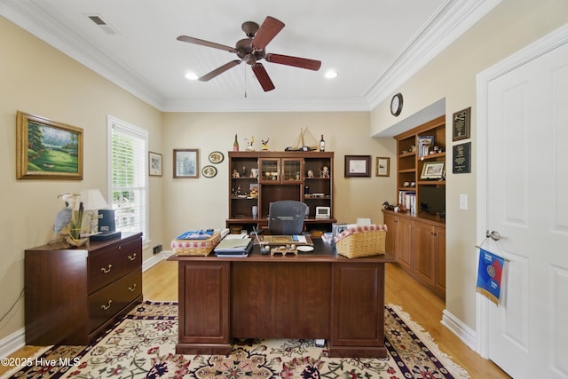 127 Meherrin River Dr, Hertford, NC 27944 - office space featuring ceiling fan, light wood-type flooring, crown molding, recessed lighting, and baseboards