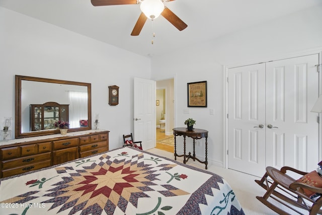 127 Meherrin River Dr, Hertford, NC 27944 - bedroom featuring a ceiling fan, a closet, and light carpet