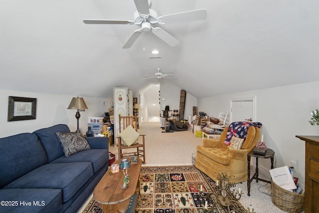 127 Meherrin River Dr, Hertford, NC 27944 - living area featuring a ceiling fan, lofted ceiling, and carpet floors