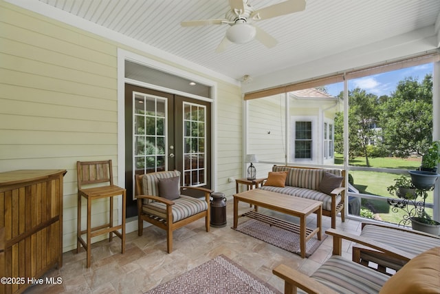 127 Meherrin River Dr, Hertford, NC 27944 - sunroom featuring ceiling fan, french doors, and an outdoor living space