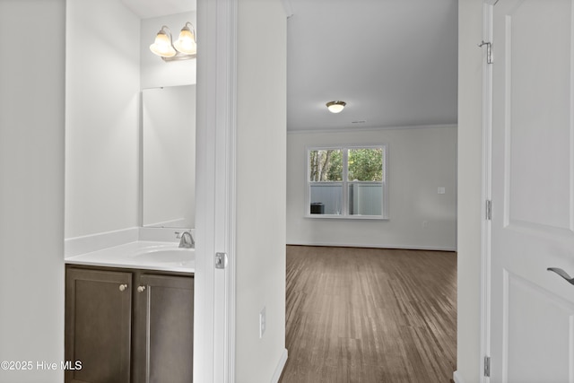 bathroom with vanity, baseboards, wood finished floors, and ornamental molding