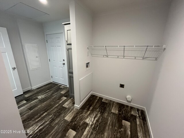 6243 NC Highway 58, Stantonsburg, NC 27883 - laundry area featuring electric dryer hookup, washer hookup, dark wood-style floors, and baseboards
