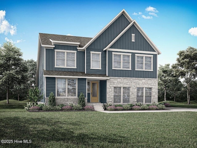 782 Hollybriar Loop Rd SE, Bolivia, NC 28422 - craftsman house featuring stone siding, board and batten siding, a front lawn, and roof with shingles