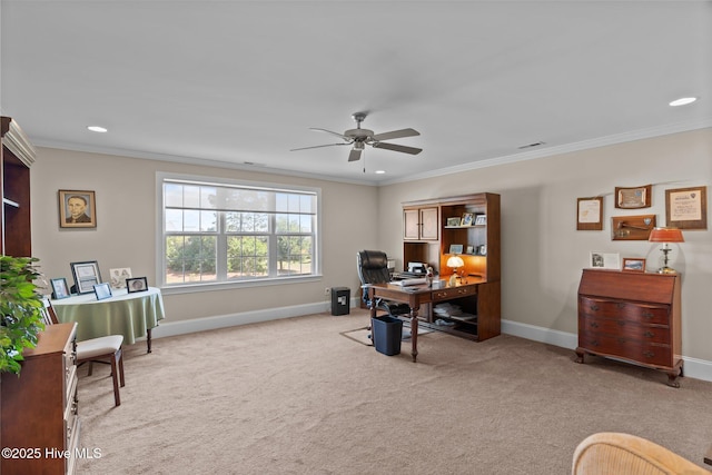 carpeted office space featuring ceiling fan, baseboards, recessed lighting, and crown molding