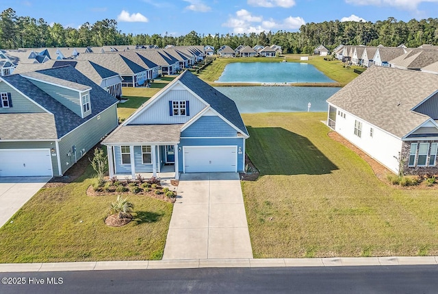 aerial perspective of suburban area with a large body of water