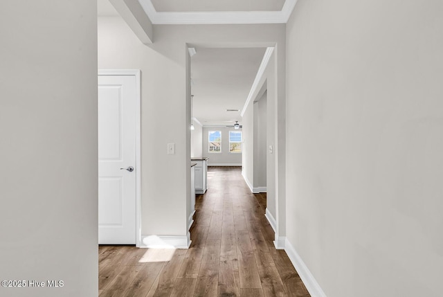 hallway with wood finished floors, ornamental molding, and baseboards