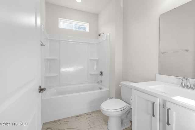 bathroom featuring marble look tile flooring, toilet, shower / bathtub combination, vanity, and recessed lighting