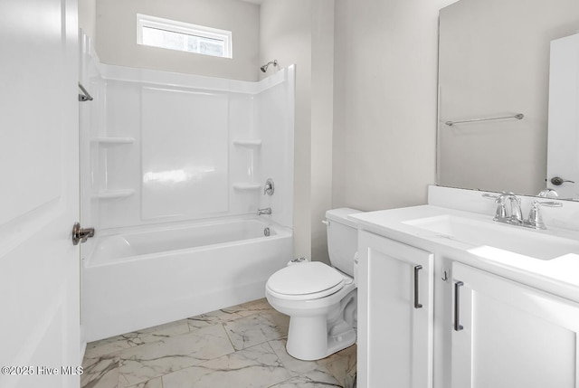 full bath with marble look tile flooring, toilet, shower / washtub combination, and vanity