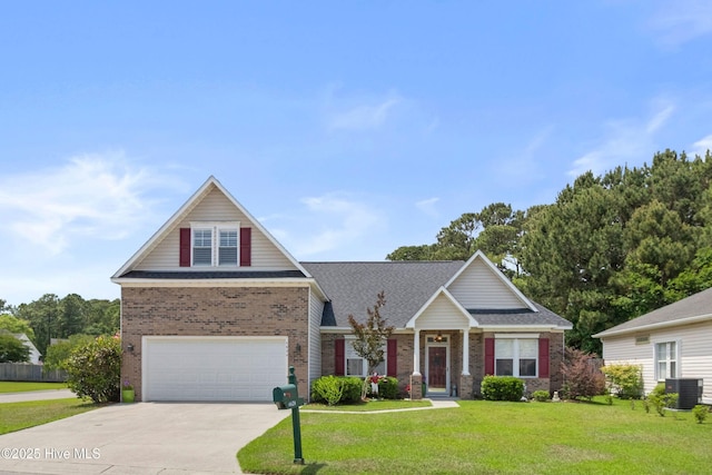 view of front of property featuring brick siding, central air condition unit, driveway, and a front yard