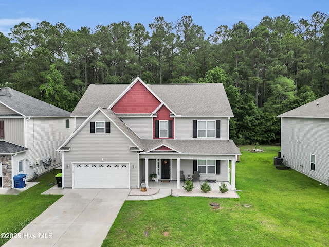 view of front facade with covered porch, a shingled roof, driveway, a garage, and cooling unit