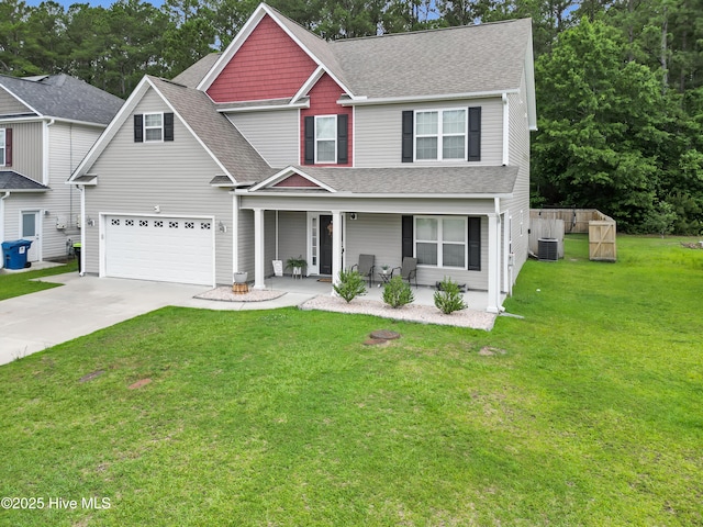 view of front of house with roof with shingles, concrete driveway, a porch, a front yard, and cooling unit