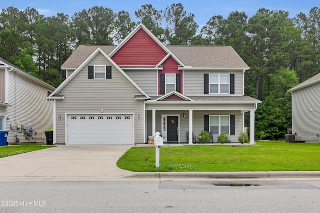 view of front of property featuring concrete driveway, central AC unit, a porch, a front lawn, and a garage