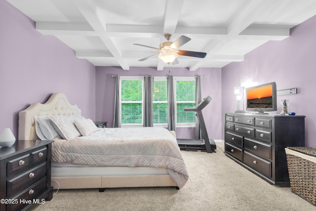 bedroom featuring coffered ceiling, carpet floors, beamed ceiling, and a ceiling fan