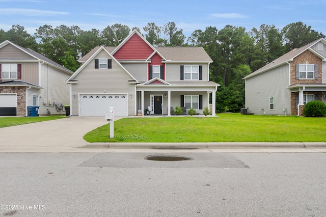view of front facade featuring an attached garage, concrete driveway, a front lawn, covered porch, and central AC