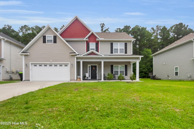 view of front of home with a porch, concrete driveway, a front lawn, and a garage