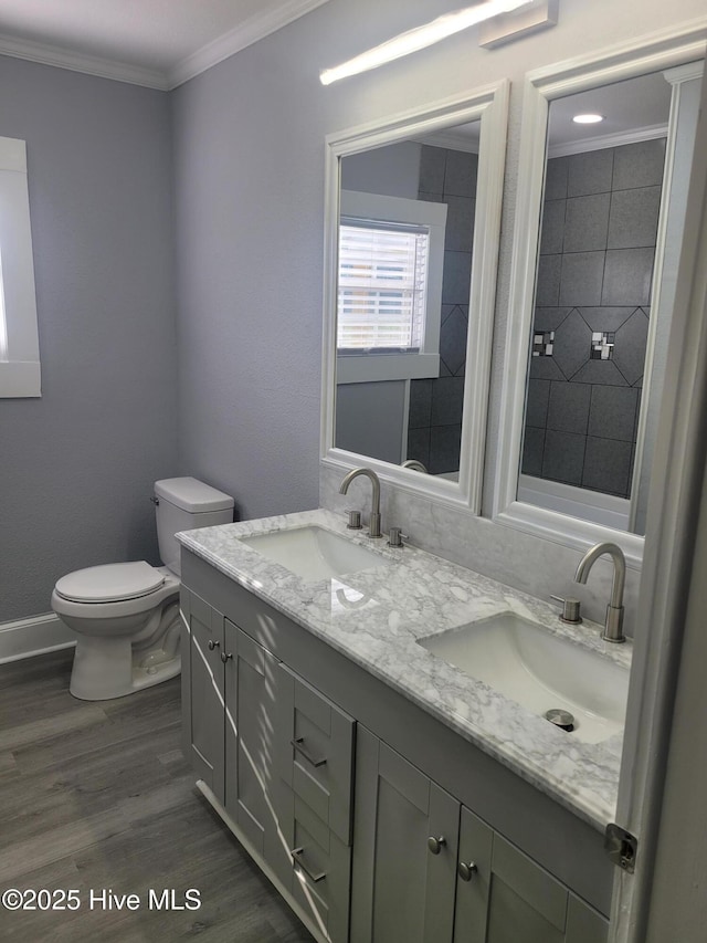4384 Race Track Rd, Grifton, NC 28530 - bathroom with ornamental molding, toilet, wood finished floors, double vanity, and baseboards